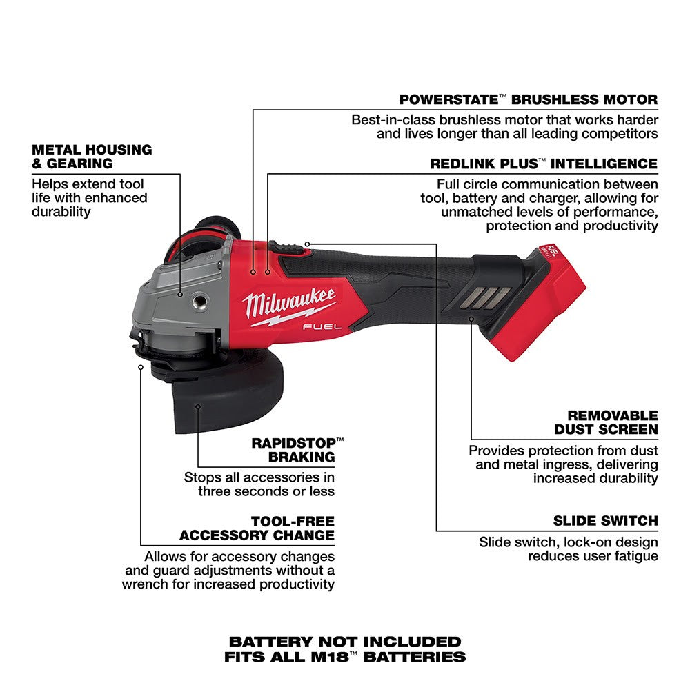 Milwaukee 2881-20 M18 FUEL™ 4-1/2/5 Grinder Slide Switch, Lock-On, Bare Tool