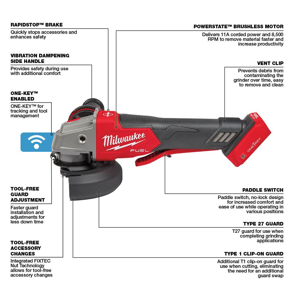 Milwaukee 2882-20 M18 FUEL™ 4-1/2/5 Braking Grinder w/ ONE-KEY™  Paddle Switch, No-Lock, Bare Tool