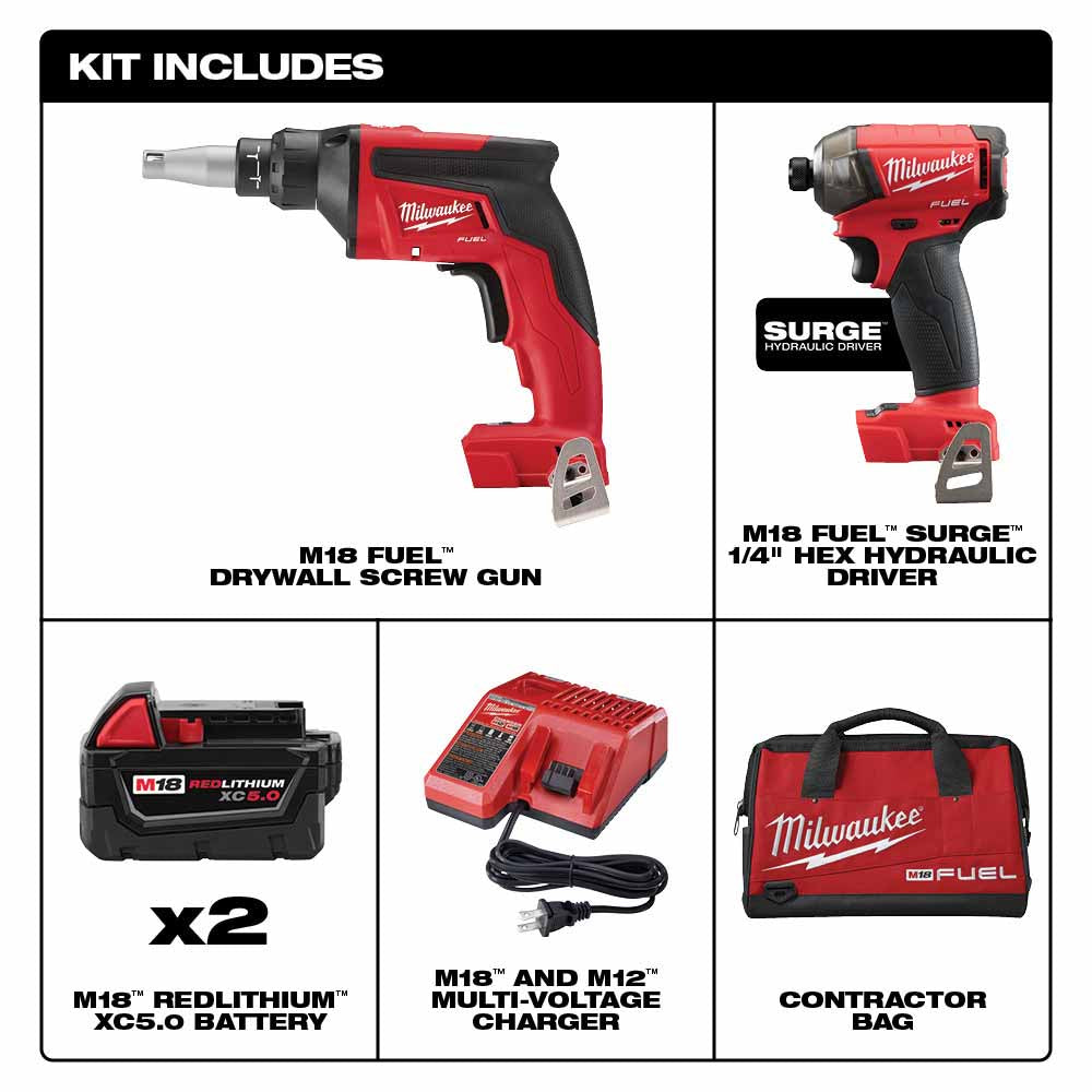 Milwaukee 2896-22 M18 FUEL Drywall Screw Gun / Impact Combo Kit with XC Batteries