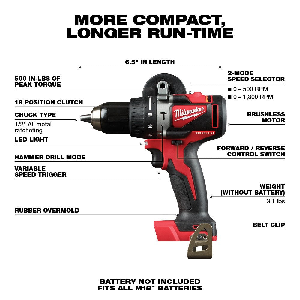 Milwaukee 2902-20 M18 Brushless 1/2 Hammer Drill, Bare Tool