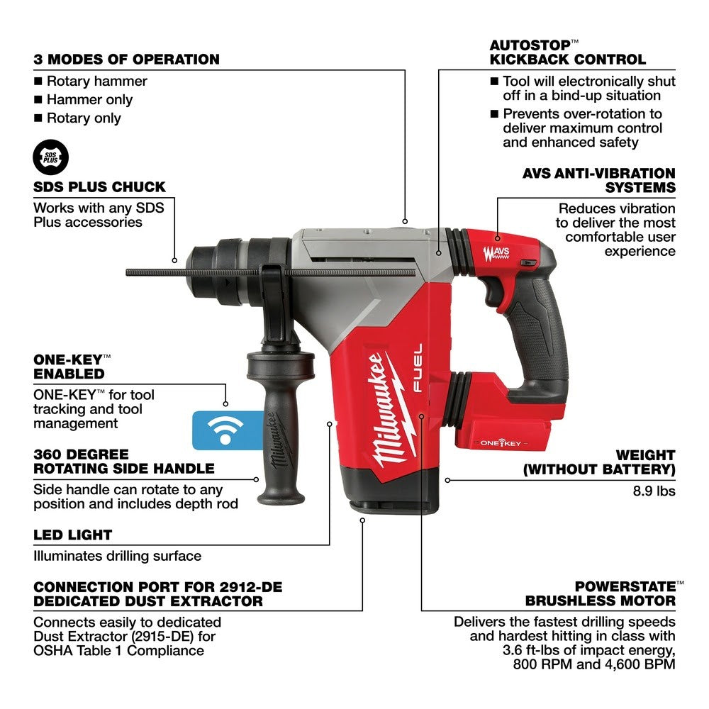 Milwaukee 2915-20 M18 FUEL 1-1/8 SDS Plus Rotary Hammer, Bare Tool