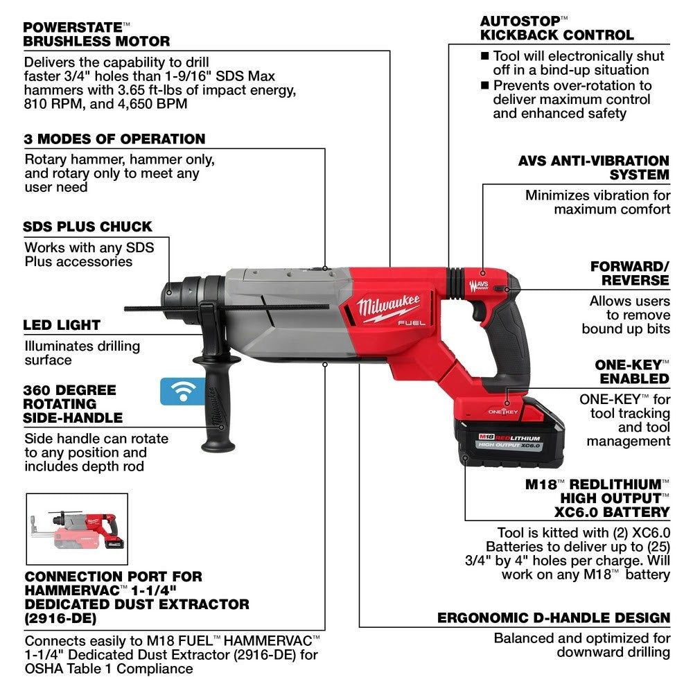 Milwaukee 2916-22 M18 FUEL 1-1/4 SDS Plus D-Handle Rotary Hammer Kit w/ ONE-KEY