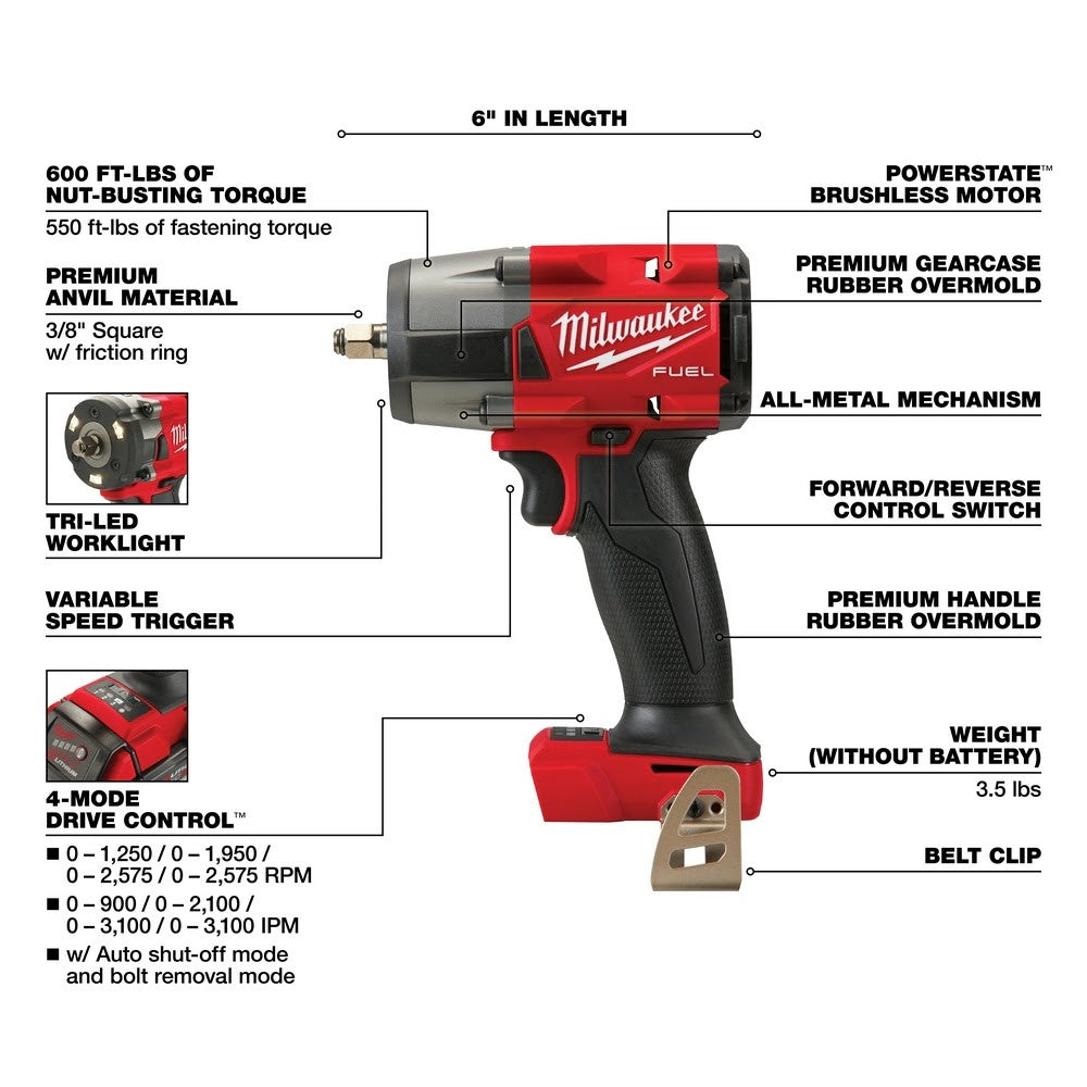 Milwaukee  2960-20 M18 FUEL™ 3/8 Mid-Torque Impact Wrench w/ Friction Ring, Bare Tool