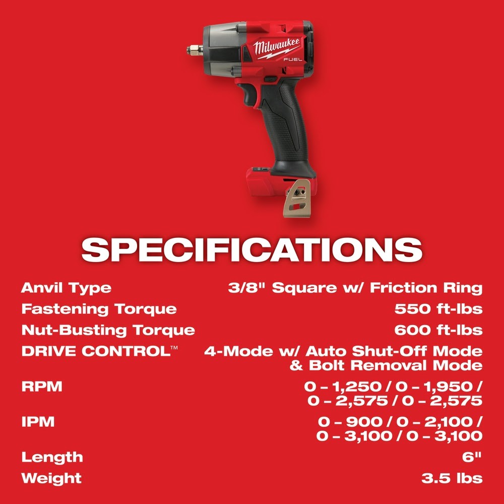 Milwaukee  2960-20 M18 FUEL™ 3/8 Mid-Torque Impact Wrench w/ Friction Ring, Bare Tool