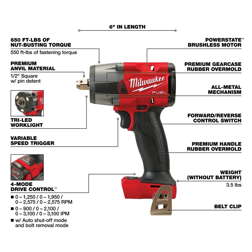 Milwaukee  2962P-20 M18 FUEL™ 1/2 Mid-Torque Impact Wrench w/ Pin Detent, Bare Tool