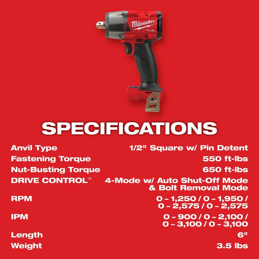 Milwaukee  2962P-20 M18 FUEL™ 1/2 Mid-Torque Impact Wrench w/ Pin Detent, Bare Tool