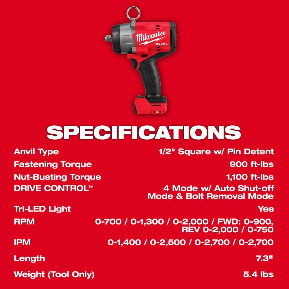 Milwaukee 2966-20 M18 FUEL 1/2 High Torque Impact Wrench w/ Pin Detent, Bare