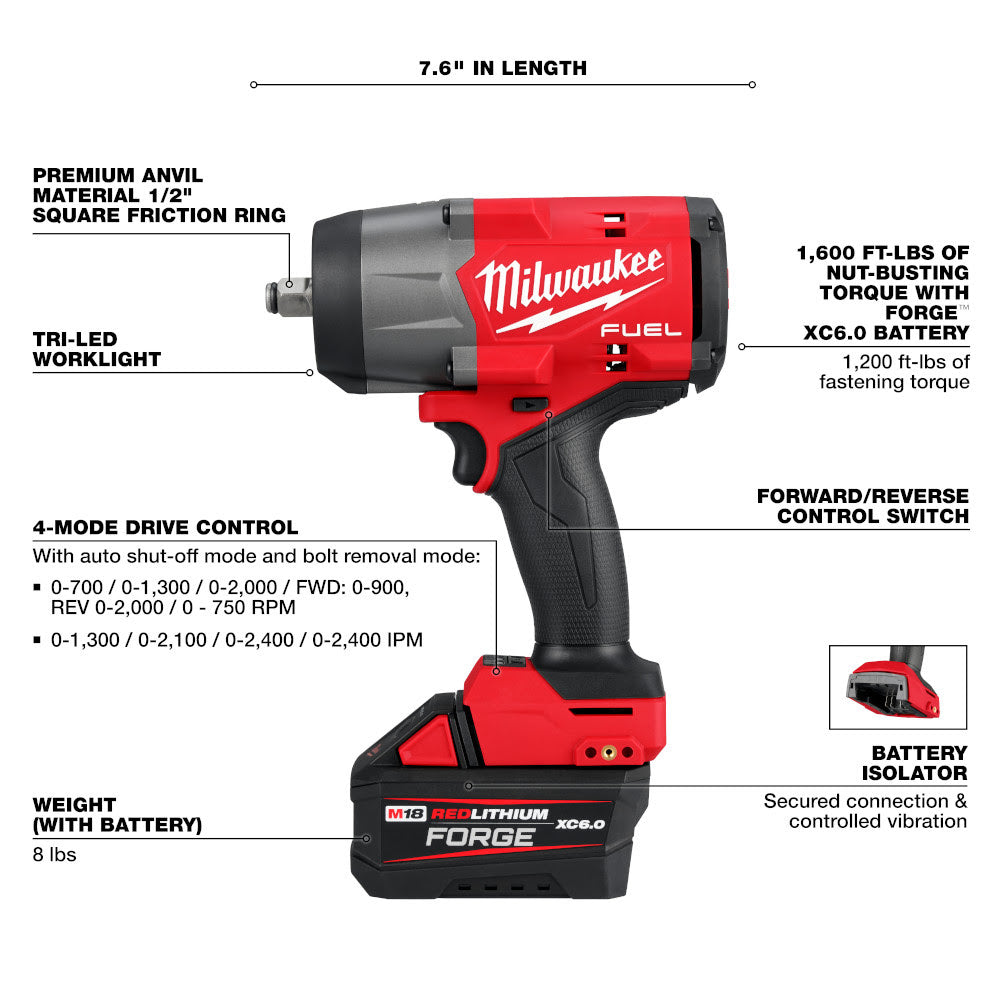 Milwaukee 2967-21F M18 FUEL 1/2 High Torque Impact Wrench w/ Friction Ring REDLITHIUM FORGE Kit