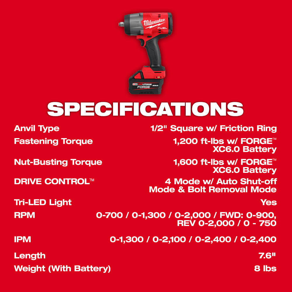 Milwaukee 2967-21F M18 FUEL 1/2 High Torque Impact Wrench w/ Friction Ring REDLITHIUM FORGE Kit