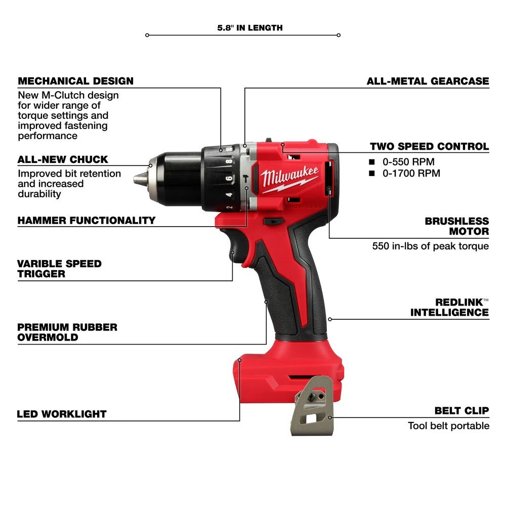 Milwaukee 3602-20 M18 Compact Brushless 1/2 Hammer Drill/Driver