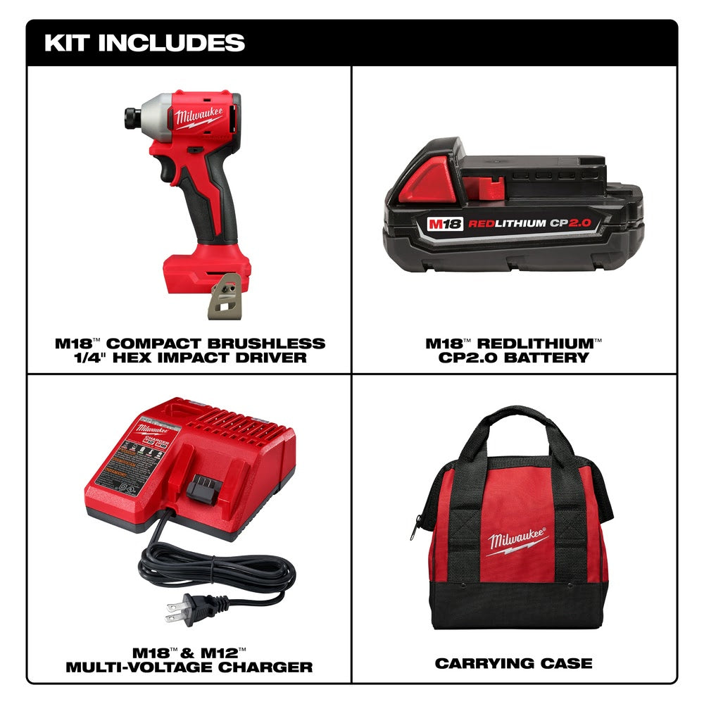 Milwaukee 3650-21P M18 Compact Brushless 1/4 Hex Impact Driver Kit