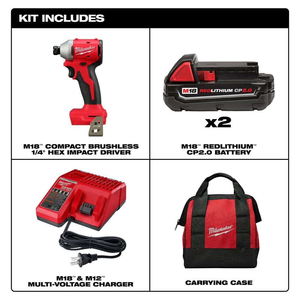 Milwaukee 3650-22CT M18 Compact Brushless 1/4 Hex Impact Driver Kit