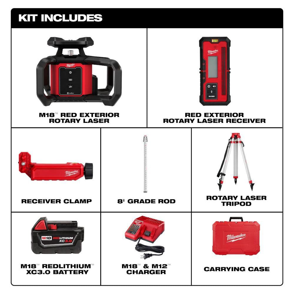 Milwaukee 3701-21T M18 Red Exterior Rotary Laser Level Kit w/ Receiver, Tripod, & Grade Rod