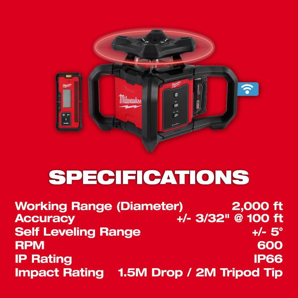 Milwaukee 3701-21T M18 Red Exterior Rotary Laser Level Kit w/ Receiver, Tripod, & Grade Rod