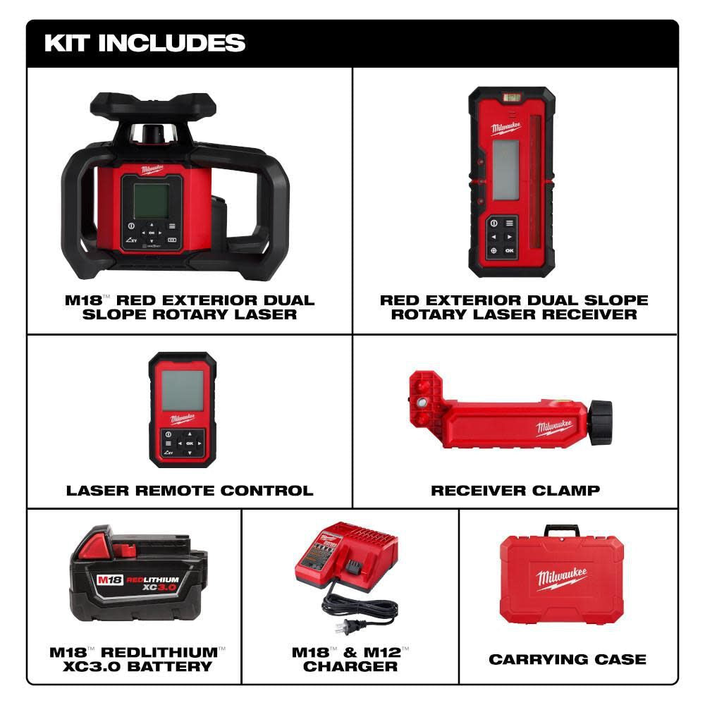 Milwaukee 3704-21 M18 Red Exterior Dual Slope Rotary Laser Level Kit w/ Receiver & Remote