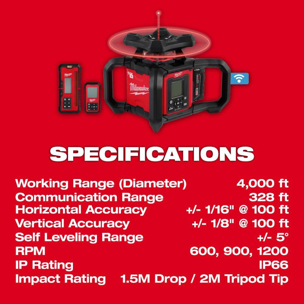 Milwaukee 3704-21 M18 Red Exterior Dual Slope Rotary Laser Level Kit w/ Receiver & Remote