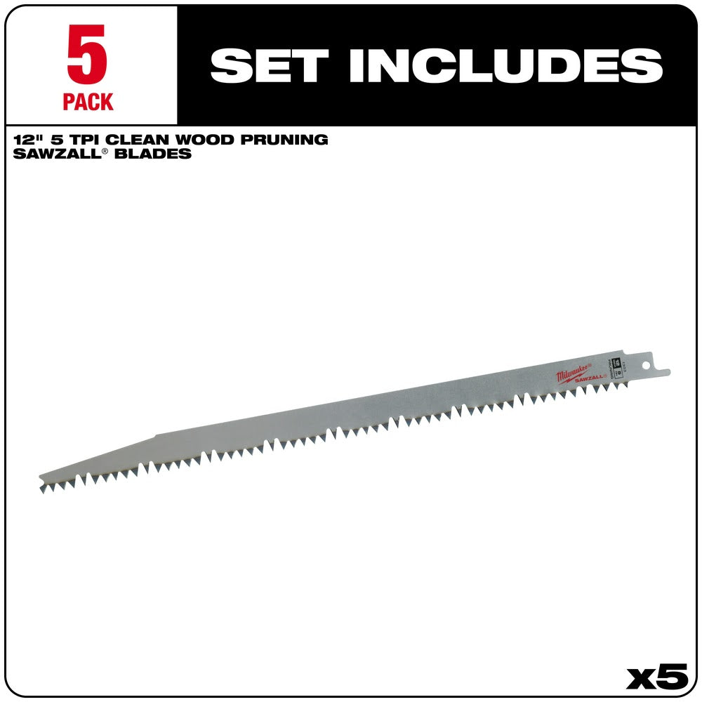 Milwaukee 48-00-1303 12 x 5TPI Wood Pruning Sawzall Blade 5-Pack