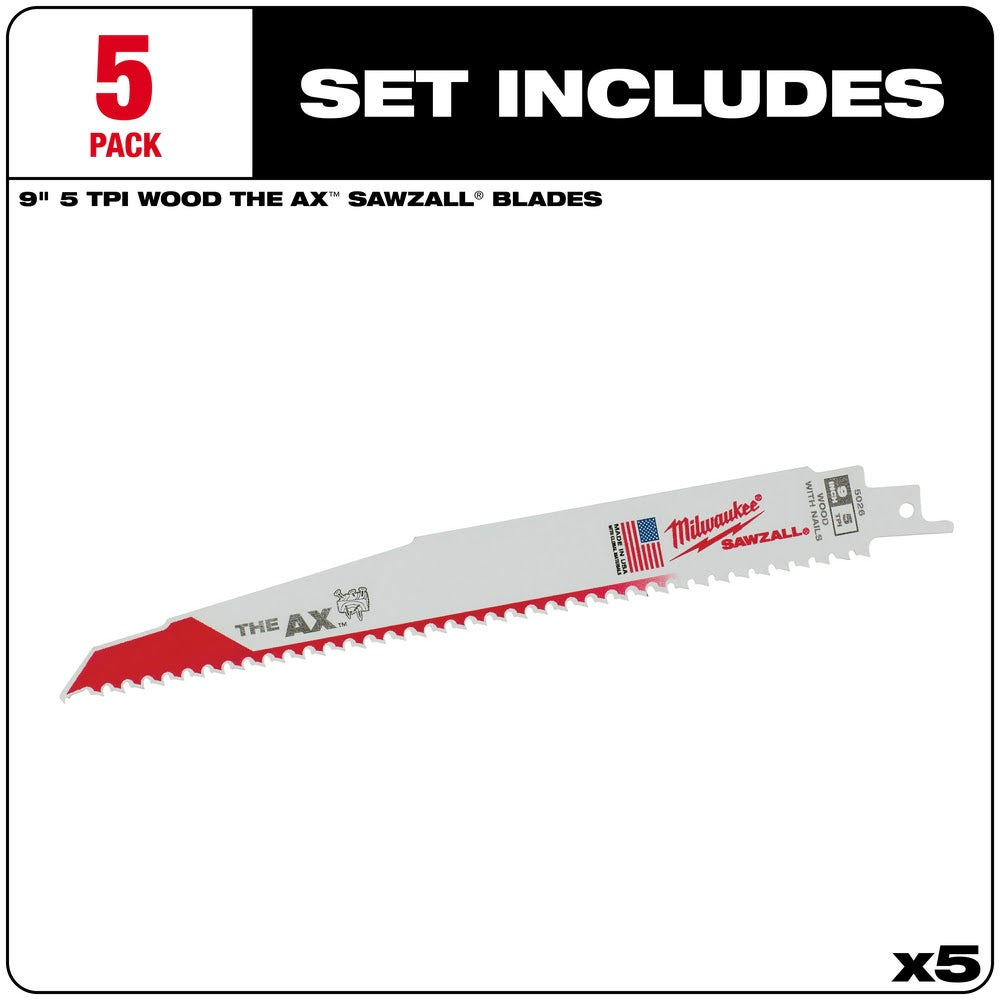 Milwaukee 48-00-5026 9 x 5/8TPI Bi-Metal AX Super Sawzall Blade 5-Pack