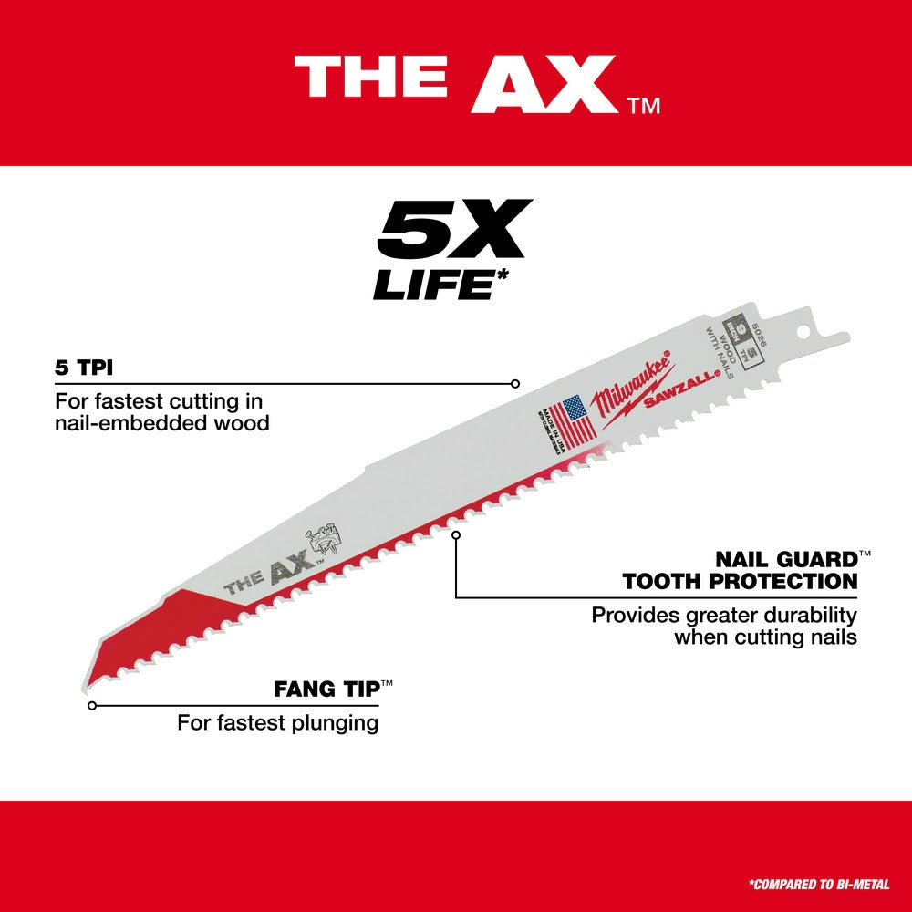 Milwaukee 48-00-5026 9 x 5/8TPI Bi-Metal AX Super Sawzall Blade 5-Pack