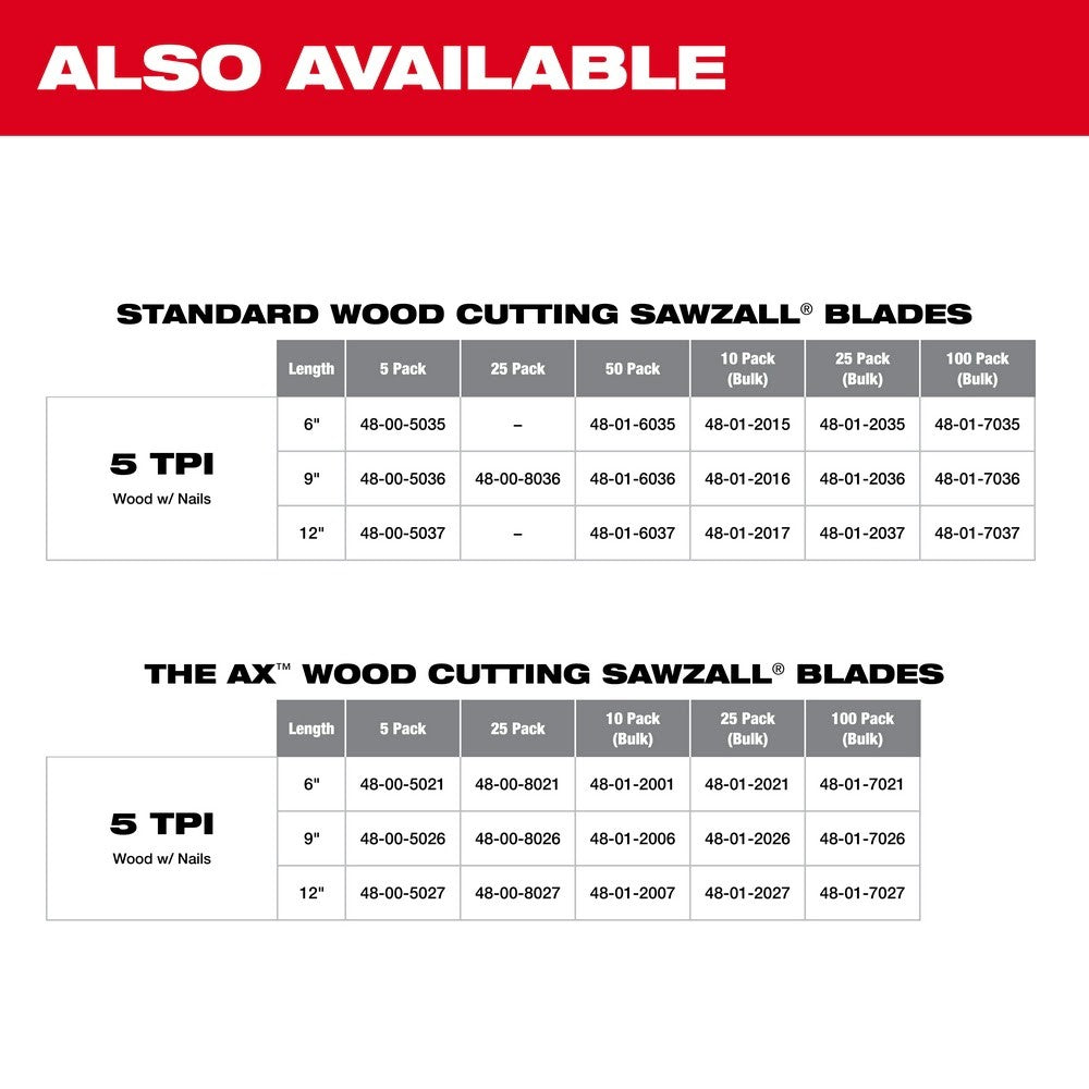 Milwaukee 48-00-5026 9 x 5/8TPI Bi-Metal AX Super Sawzall Blade 5-Pack