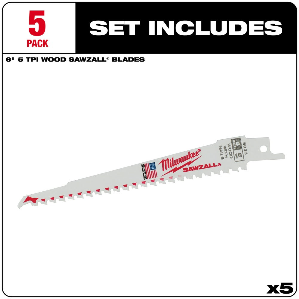 Milwaukee 48-00-5035 6 x 6TPI Bi-Metal Super Sawzall Blade 5-Pack