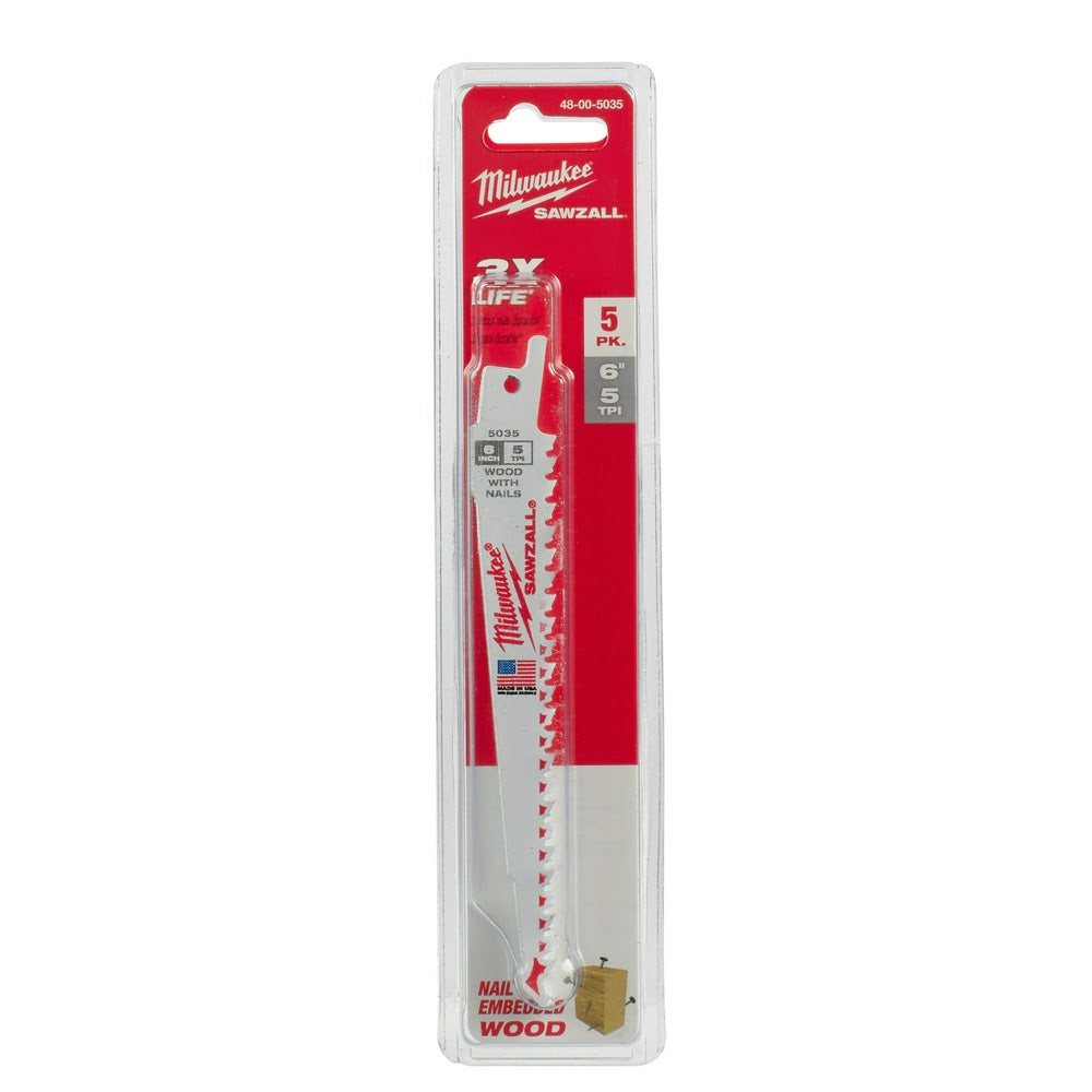 Milwaukee 48-00-5035 6 x 6TPI Bi-Metal Super Sawzall Blade 5-Pack