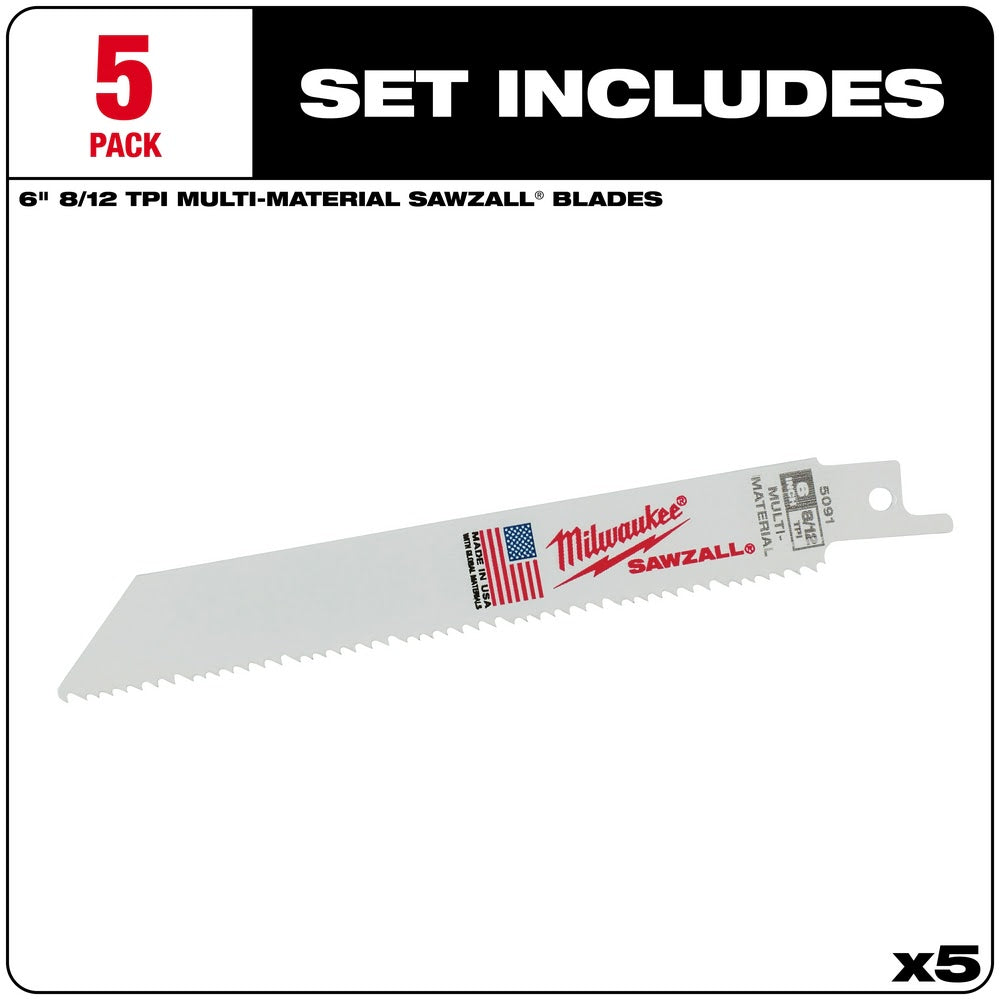 Milwaukee 48-00-5091 6 x 8/12TPI Bi-Metal Super Sawzall Blade 5-Pack