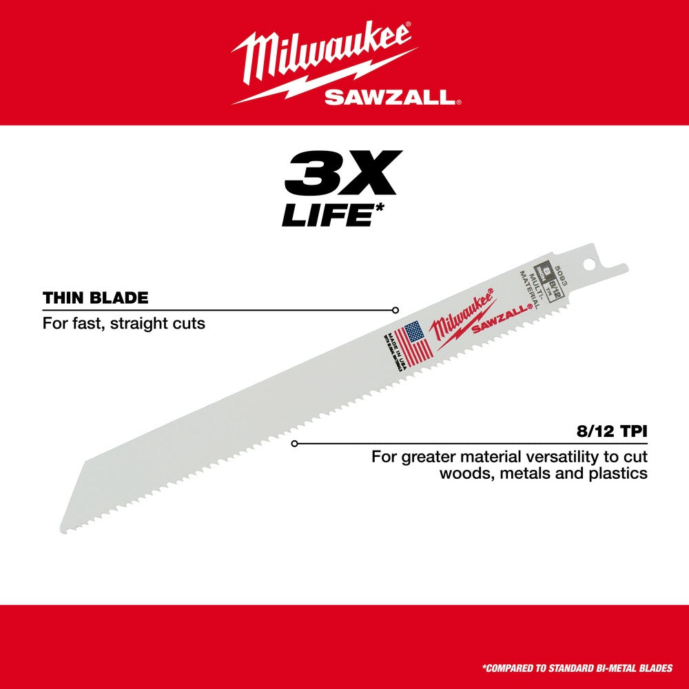 Milwaukee 48-00-5091 6 x 8/12TPI Bi-Metal Super Sawzall Blade 5-Pack