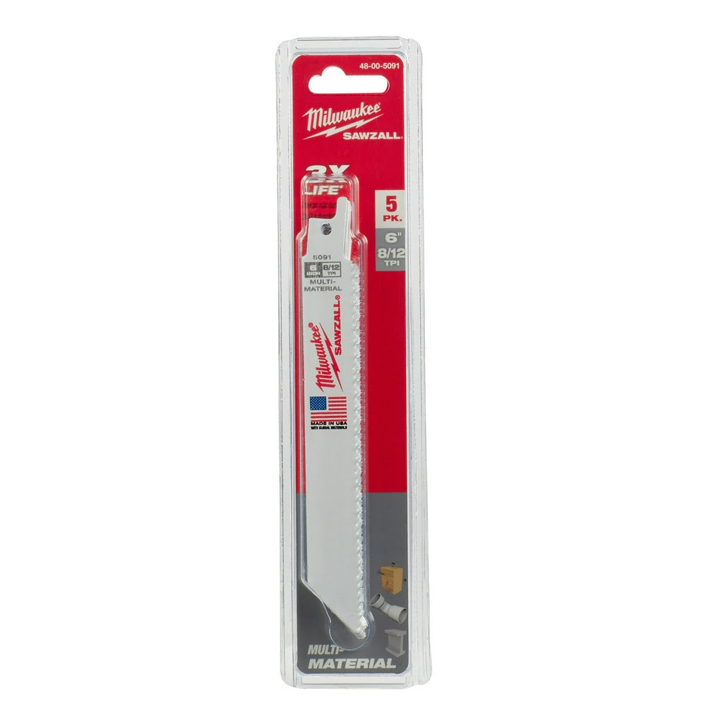 Milwaukee 48-00-5091 6 x 8/12TPI Bi-Metal Super Sawzall Blade 5-Pack