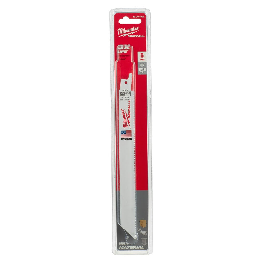 Milwaukee 48-00-5093 8 x 8/12TPI Bi-Metal Super Sawzall Blade 5-Pack