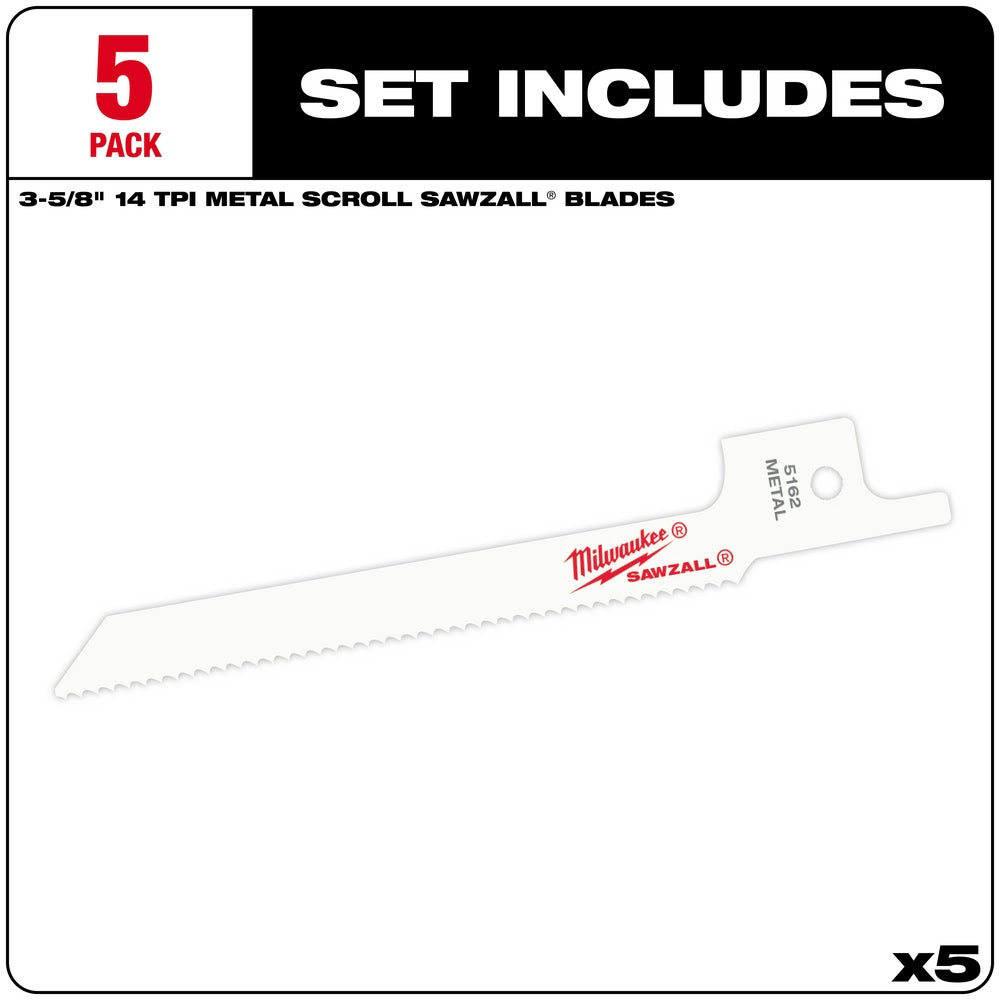 Milwaukee 48-00-5162 3-5/8 x 14TPI Bi-Metal Super Sawzall Blade, 5Pk