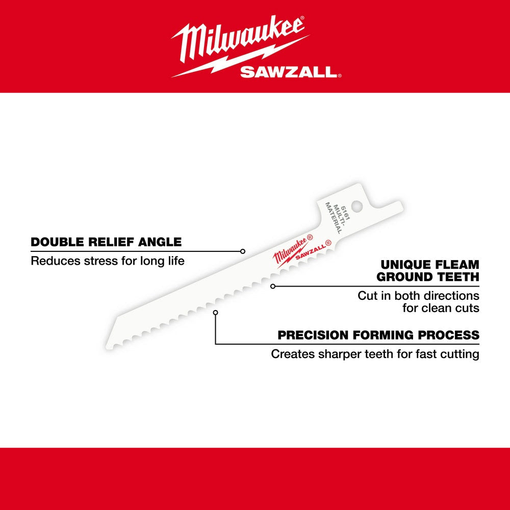 Milwaukee 48-00-5162 3-5/8 x 14TPI Bi-Metal Super Sawzall Blade, 5Pk