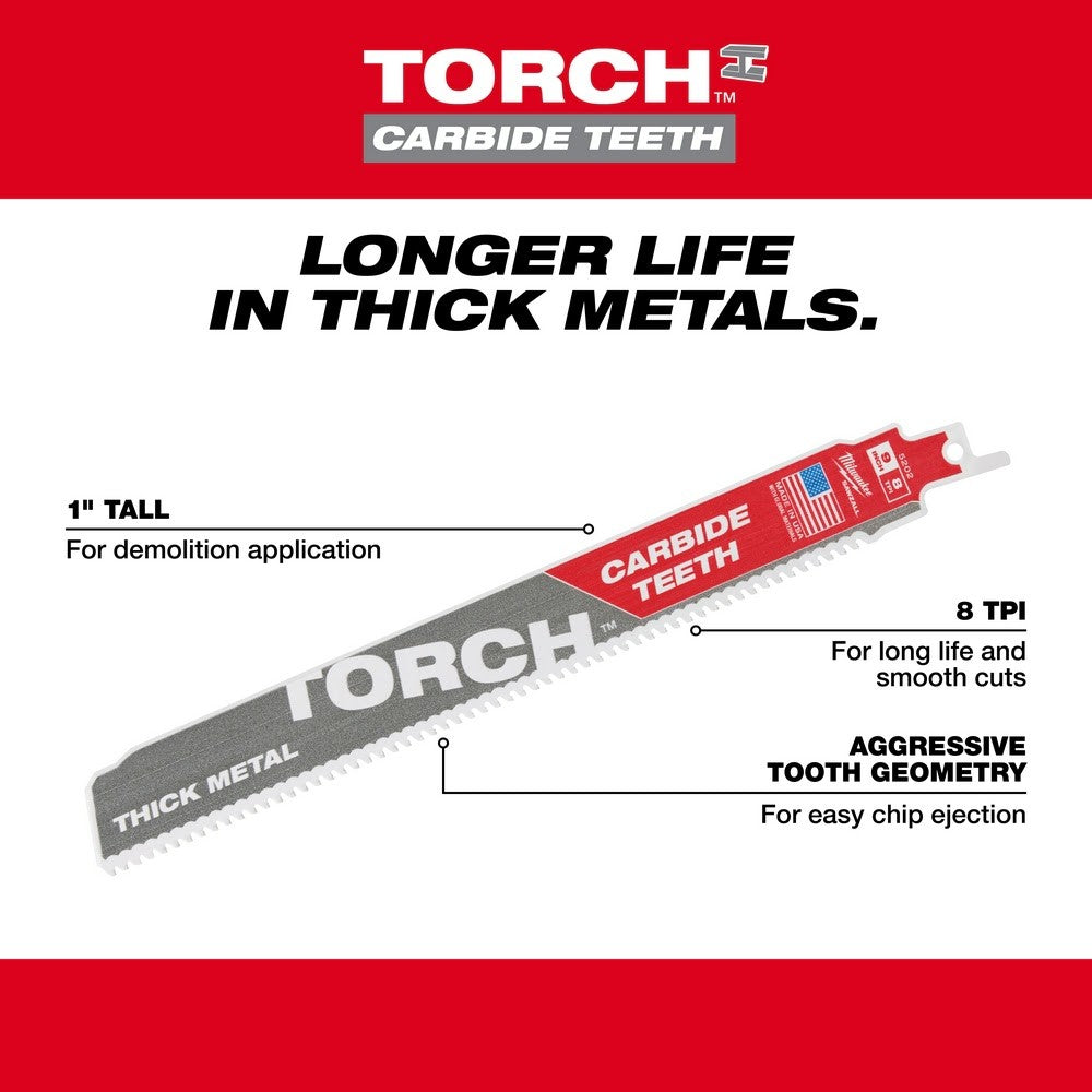 Milwaukee 48-00-5201 6 7TPI Torch Metal Cutting Sawzall Blade with Carbide Teeth