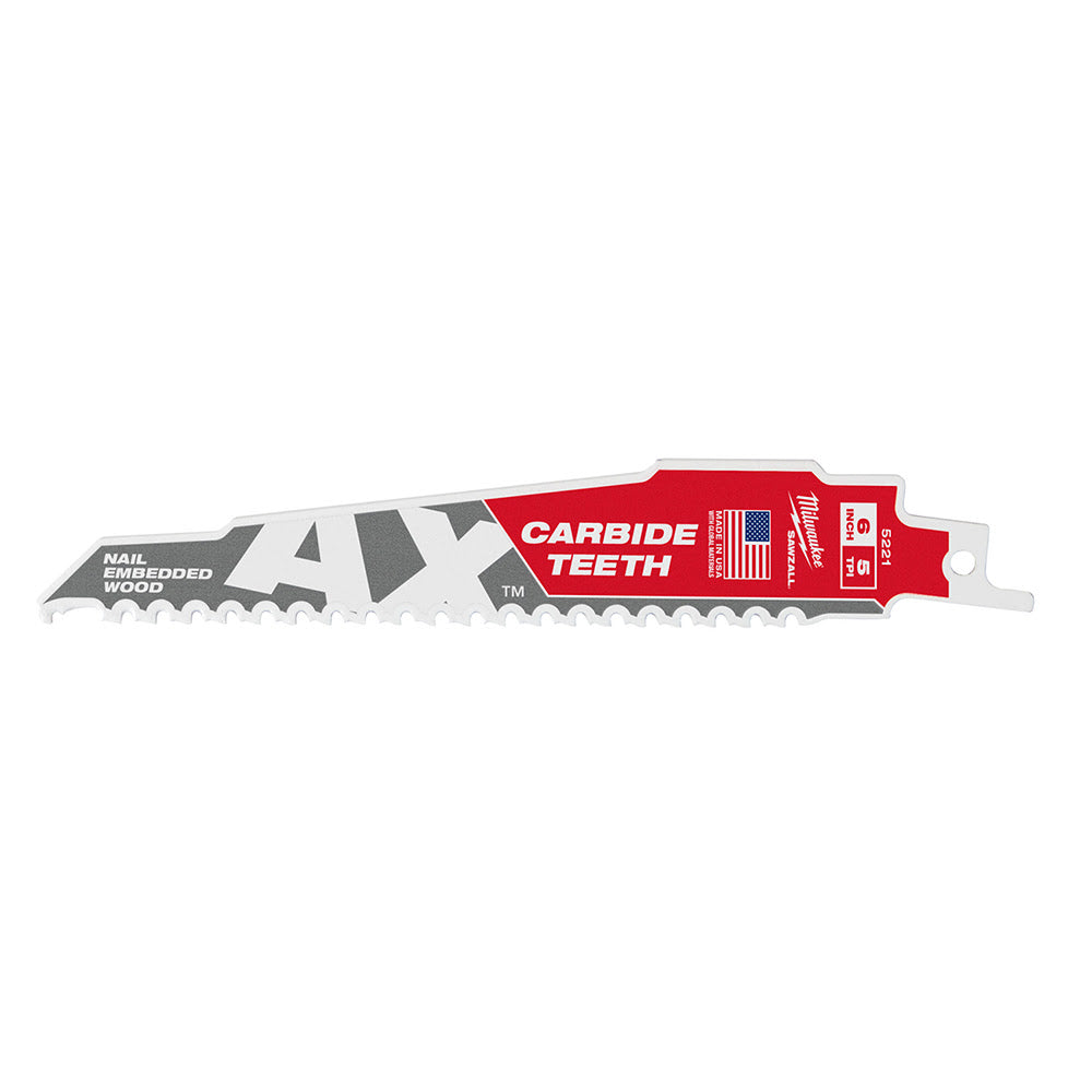 Milwaukee 48-00-5221 AX Sawzall Blade with Carbide Teeth, 6 5TPI