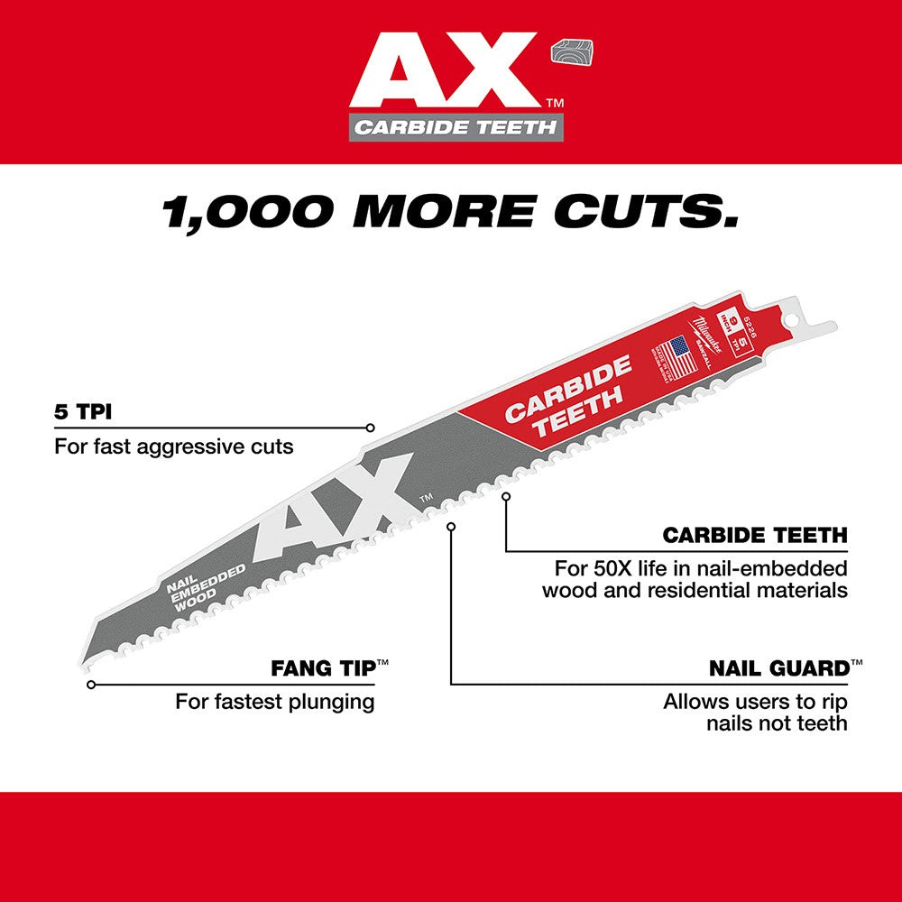 Milwaukee 48-00-5221 AX Sawzall Blade with Carbide Teeth, 6 5TPI