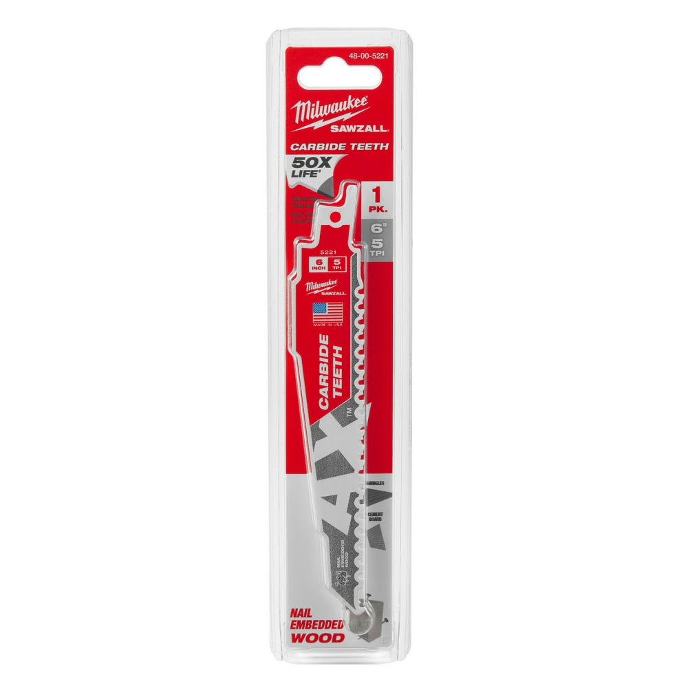 Milwaukee 48-00-5221 AX Sawzall Blade with Carbide Teeth, 6 5TPI