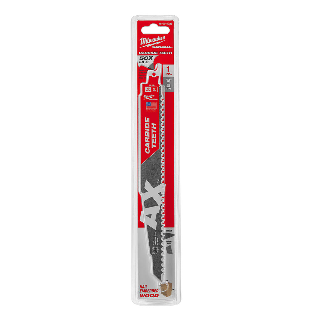 Milwaukee 48-00-5226 AX Sawzall Blade with Carbide Teeth, 9 5TPI