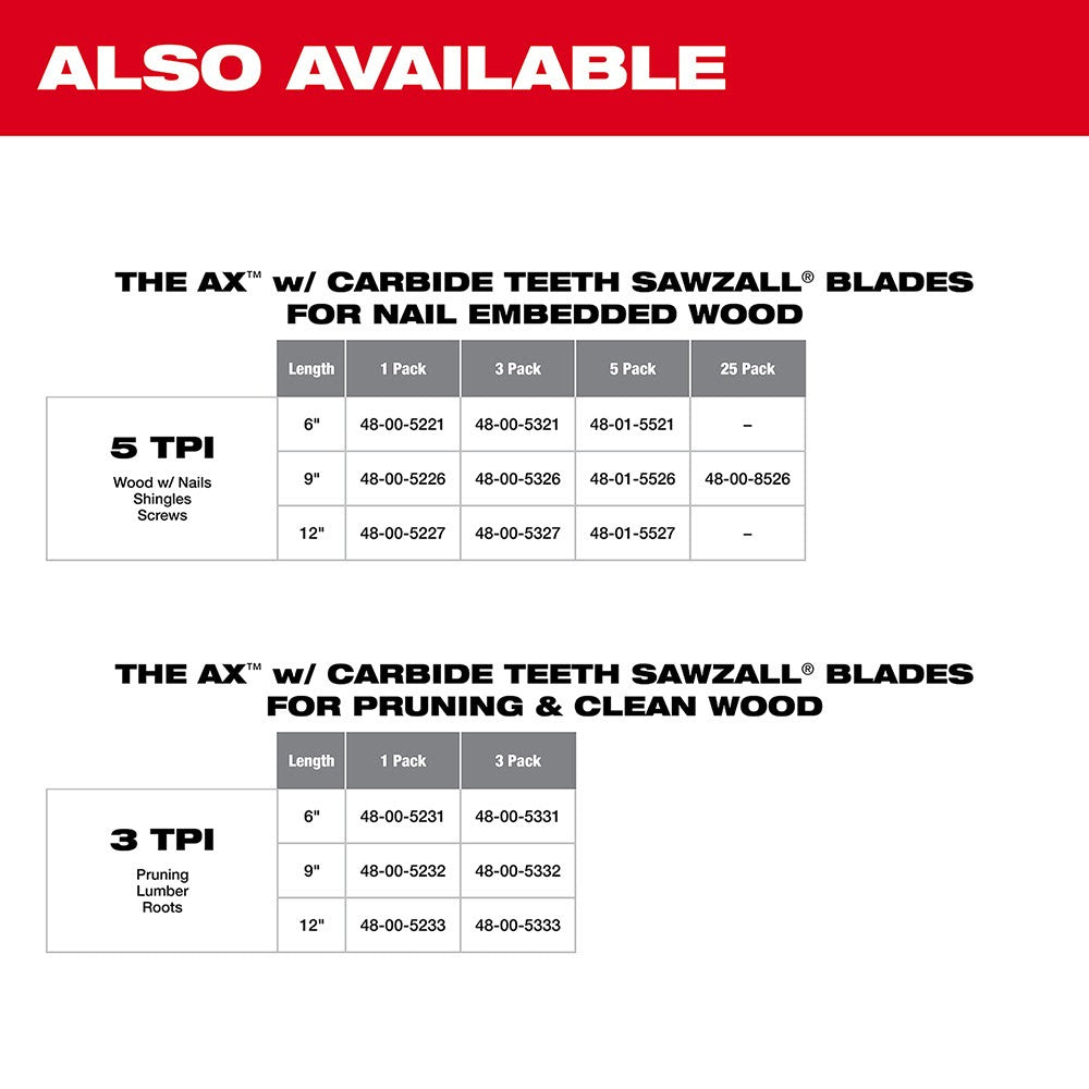 Milwaukee 48-00-5231 6 3TPI The AX™ with Carbide Teeth for Pruning & Clean Wood SAWZALL® Blade 1Pk