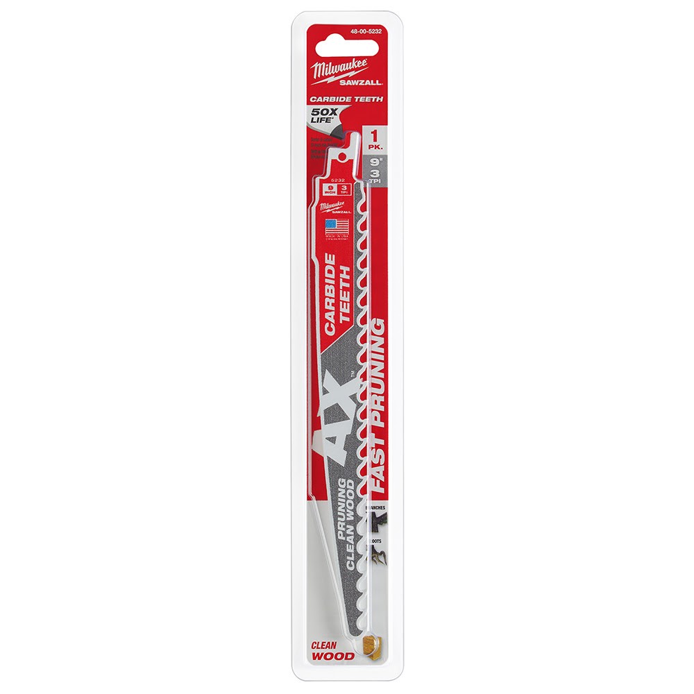 Milwaukee 48-00-5232 9 3TPI The AX™ with Carbide Teeth for Pruning & Clean Wood SAWZALL® Blade 1Pk