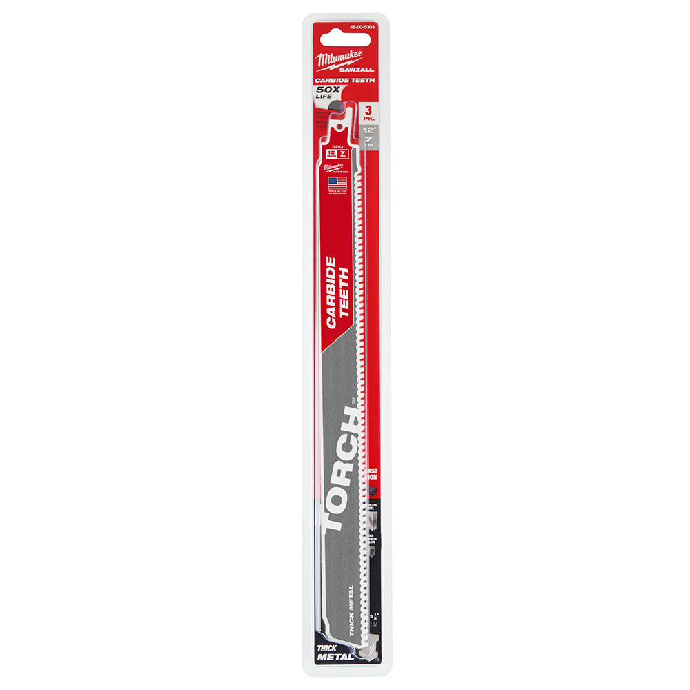 Milwaukee 48-00-5303 12” 7TPI The TORCH™ with Carbide Teeth SAWZALL® Blade 3Pk