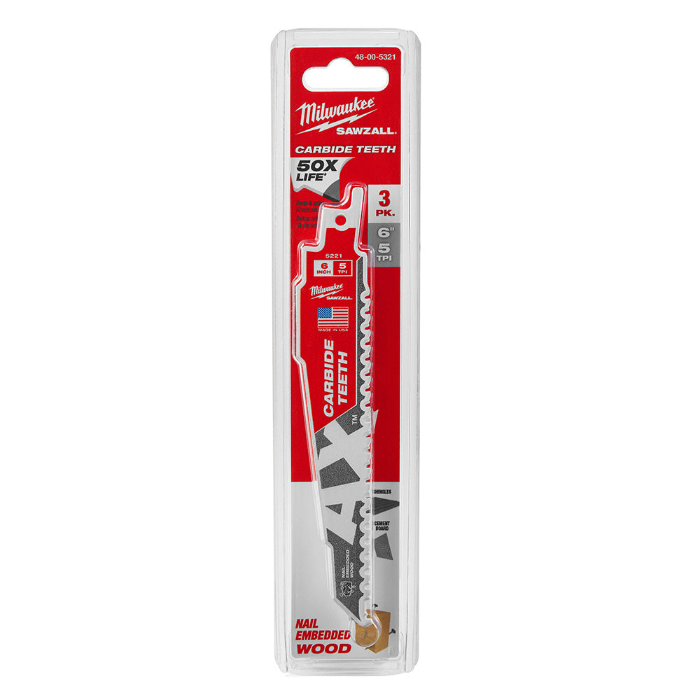 Milwaukee 48-00-5321 6 5TPI AX with Carbide Teeth Sawzall Blade, 3 Pack