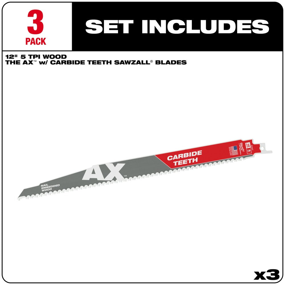 Milwaukee 48-00-5327 12 5TPI AX with Carbide Teeth Sawzall Blade, 3 Pack