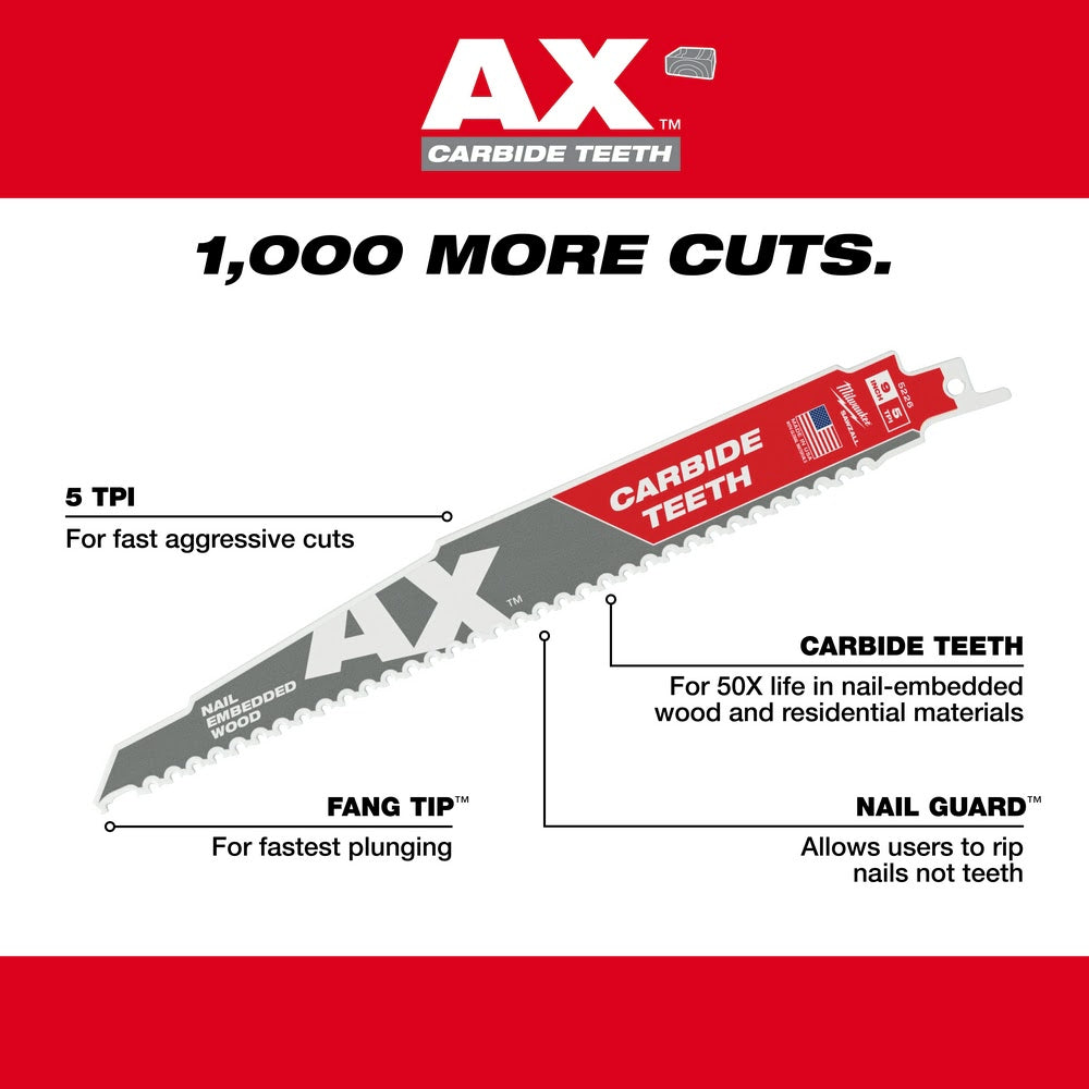 Milwaukee 48-00-5327 12 5TPI AX with Carbide Teeth Sawzall Blade, 3 Pack