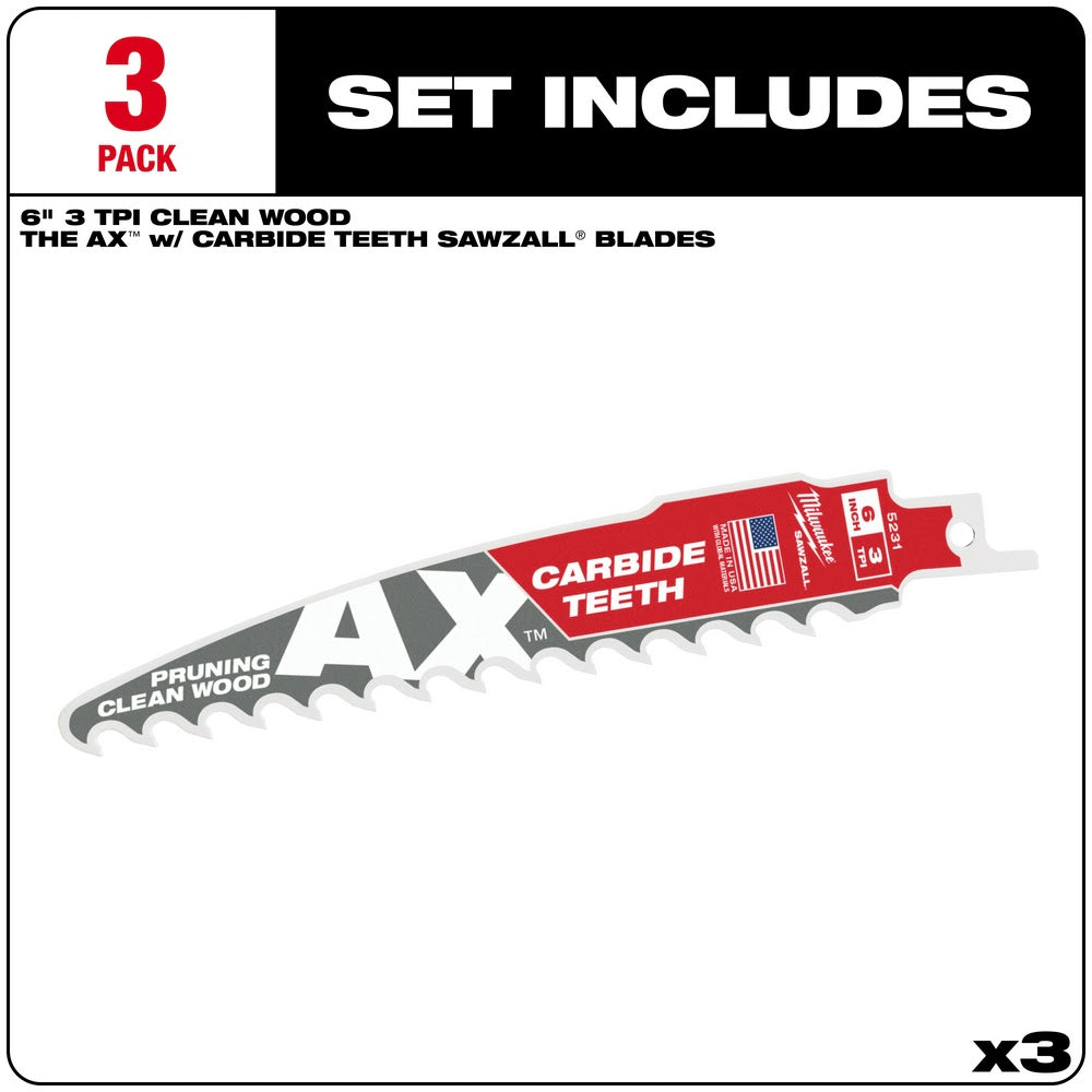 Milwaukee 48-00-5331 6 3TPI The AX™ with Carbide Teeth for Pruning & Clean Wood SAWZALL® Blade 3Pk