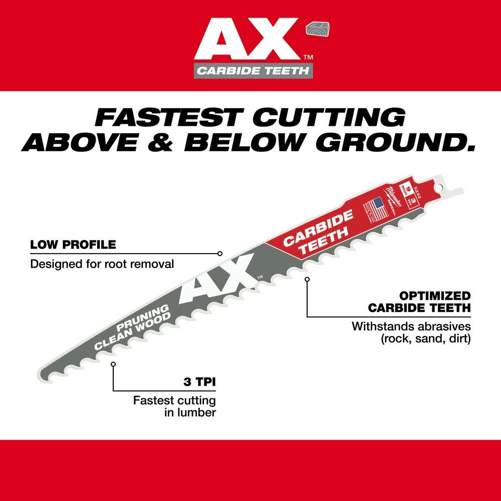 Milwaukee 48-00-5331 6 3TPI The AX™ with Carbide Teeth for Pruning & Clean Wood SAWZALL® Blade 3Pk