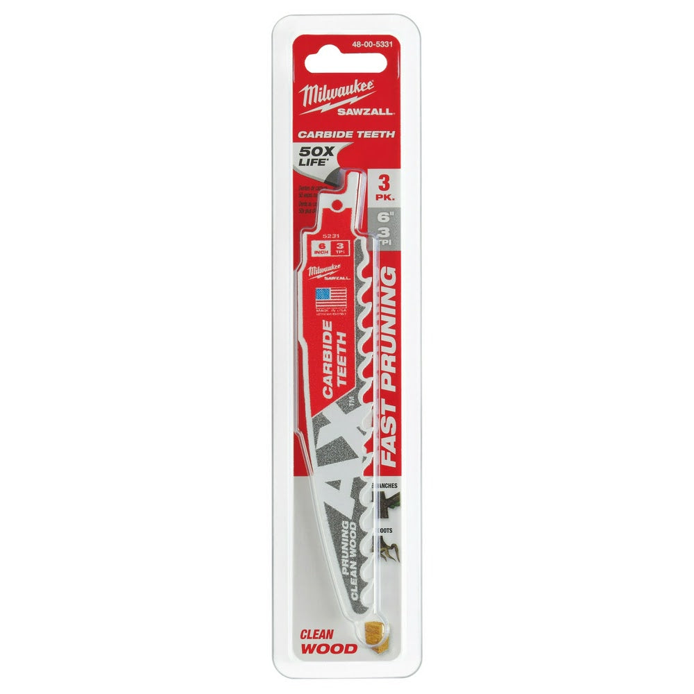 Milwaukee 48-00-5331 6 3TPI The AX™ with Carbide Teeth for Pruning & Clean Wood SAWZALL® Blade 3Pk