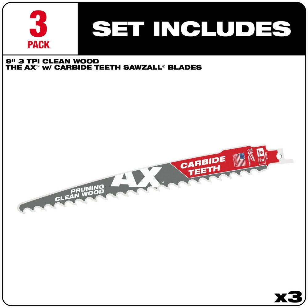 Milwaukee 48-00-5332 9 3TPI The AX™ with Carbide Teeth for Pruning & Clean Wood SAWZALL® Blade 3Pk