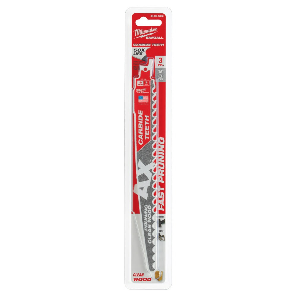 Milwaukee 48-00-5332 9 3TPI The AX™ with Carbide Teeth for Pruning & Clean Wood SAWZALL® Blade 3Pk