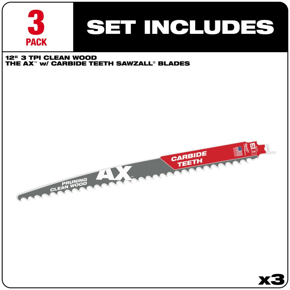 Milwaukee 48-00-5333 12 3TPI The AX™ with Carbide Teeth for Pruning & Clean Wood SAWZALL® Blade 3Pk