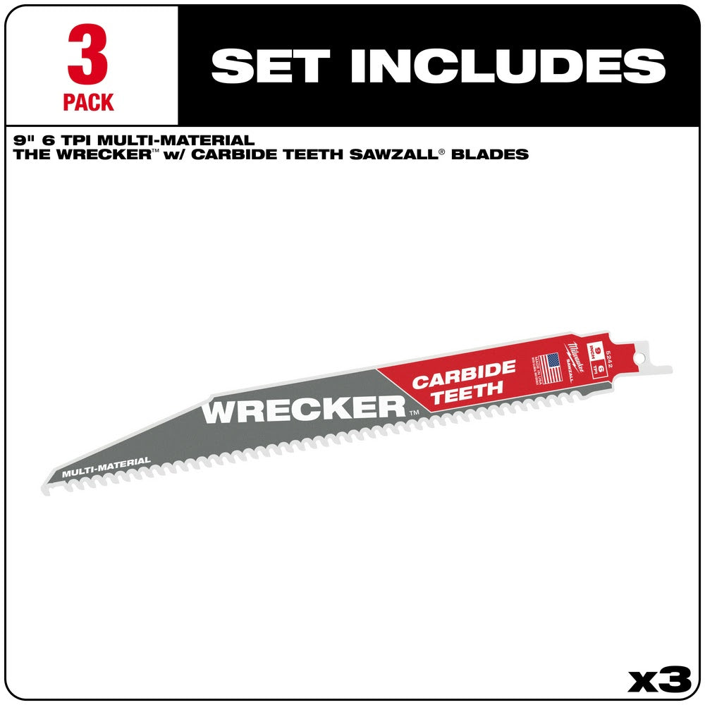 Milwaukee 48-00-5342 9 6TPI The WRECKER™ with Carbide Teeth SAWZALL® Blade 3Pk